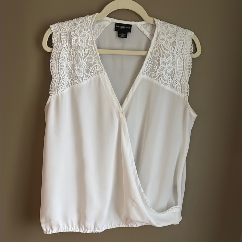 Shirt: Liz Claiborne career white Sleeveless Wrap Lace Blouse size small